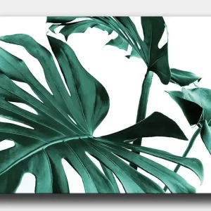 Canvastavla 70x100 cm - Stiliserade gröna palmblad mot en vit bakgrund Mörkgrön / Turkos - Inredning Snabb leverans