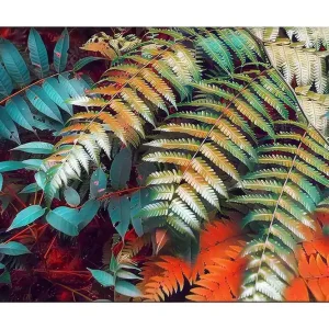 Canvastavla 70x100 cm - Färgglada ormbunksblad i en livlig komposition Turkos / Grön / Orange - Inredning Nedsatt pris