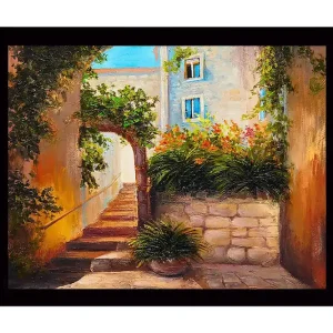 Premium Inramad Canvastavla i trä - 41x56 cm - Solig gränd med blomstrande växter och stenlagda trappor Grön / Orange / Beige - Inredning