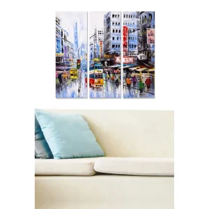 Köp online Canvastavla i trä 3-delar 50x70 cm - Livlig stadsbild med färgglada transportmedel och människor i rörelse Blå / Gul / Röd - Inredning