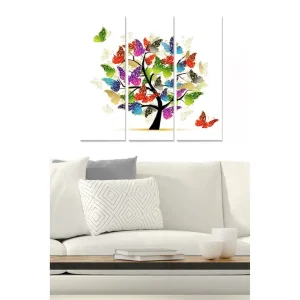 Premium Canvastavla i trä 3-delar 50x70 cm - Färgglad trädkonstruktion med fjärilar som sväva runt Grön / Röd / Blå - Inredning