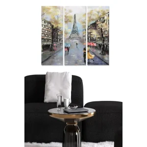 Billig Canvastavla i trä 3-delar 50x70 cm - Parisisk gata med Eiffeltornet i bakgrunden och människor med paraplyer Gult / Grått / Rött - Inredning