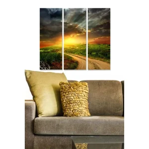 Nedsatt pris Canvastavla i trä 3-delar 50x70 cm - Vacker landskapsvy med solnedgång över en grön kulle och en slingrande väg Grön / Orange / Blå - Inredning