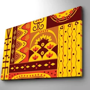 Canvastavla 70x100 cm - Färgglad geometrisk mönsterdesign med inslag av abstrakta former och symboler Gult / Rött / Brunt - Inredning Lägg i varukorgen