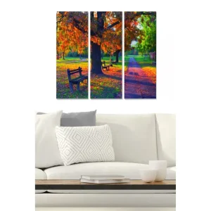 Canvastavla i trä 3-delar 50x70 cm - Vacker park med färgglada höstlöv och bänkar Orange / Grön / Brun - Inredning Rabatt