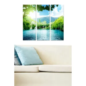 Billigare Canvastavla i trä 3-delar 50x70 cm - Lugn sjö med omgivande grönska och berg Turkos / Grön / Blå - Inredning