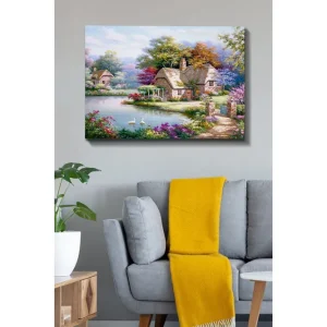 Canvastavla 70x100 cm - Idyllisk landskapsmålning med pittoreska stugor vid en sjö omgiven av blomstrande träd och buskar Grön / Rosa / Blå - Inredning Erbjudandepris