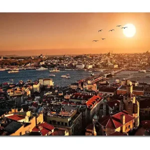 Snabb leverans Canvastavla 70x100 cm - Vacker vy över Istanbul vid solnedgång, med takåsar och båtar på vattnet Orange / Röd / Blå - Inredning