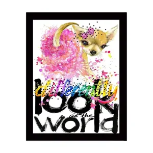 Inramad Canvastavla i trä - 41x56 cm - Söt chihuahua med färgglad bakgrund och inspirerande text Rosa / Svart / Gult - Inredning Premium