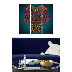 Premium Canvastavla i trä 3-delar 50x70 cm - Färgglad uggla med detaljerade mönster Grön / Rosa / Gul - Inredning