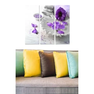 Canvastavla i trä 3-delar 50x70 cm - Lugn och harmonisk komposition med lila blommor och doftljus Lila / Vit - Inredning Lägg i varukorgen