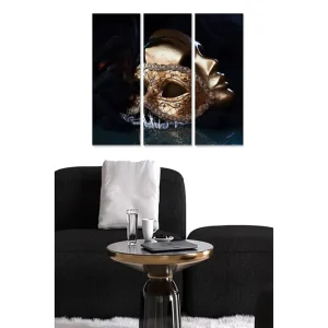 Canvastavla i trä 3-delar 50x70 cm - Guldmask med intrikata detaljer och en mystisk känsla Guld / Svart / Mörkblå - Inredning Begränsad tid