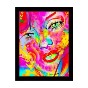 Inramad Canvastavla i trä - 41x56 cm - Färgglad ansiktsporträtt med abstrakta inslag Rosa / Gul / Grön - Inredning Beställ idag