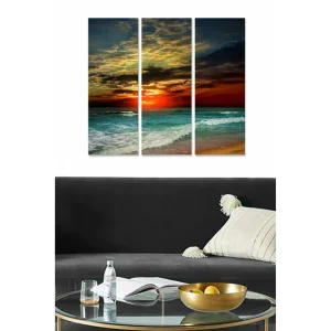 Endast denna vecka Canvastavla i trä 3-delar 50x70 cm - Färgrik solnedgång över havet Blå / Orange / Grön - Inredning