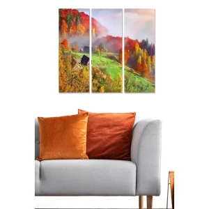 Nyhet Canvastavla i trä 3-delar 50x70 cm - Höstlandskap med färgglada träd och dimma Röd / Orange / Grön - Inredning