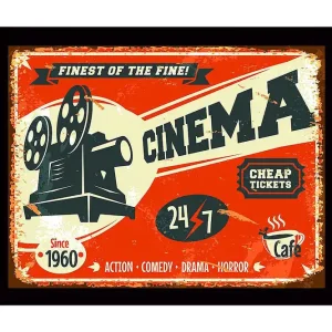 Inramad Canvastavla i trä - 41x56 cm - Vintage affisch för biograf med filmprojektor Röd / Svart / Beige - Inredning Lågt pris