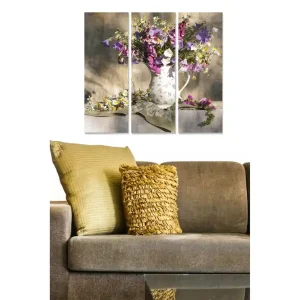 Canvastavla i trä 3-delar 50x70 cm - Färgrik bukett av blommor i en vit kanna Lila / Vit / Grön - Inredning Beställ nu