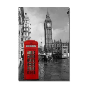 Canvastavla 70x100 cm - Röd telefonkiosk framför den ikoniska Big Ben i en svartvit stadsmiljö Röd / Svart - Inredning Fynd