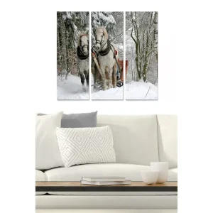 Nedsatt pris Canvastavla i trä 3-delar 50x70 cm - Två hästar i snölandskap med en släde Vit / Grå / Brun - Inredning