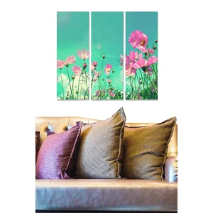Sänkt pris Canvastavla i trä 3-delar 50x70 cm - Färgrik bukett av blommor i en grönskande miljö Rosa / Grön / Turkos - Inredning