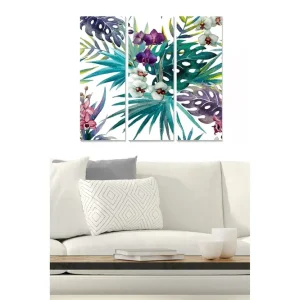 Begränsat antal Canvastavla i trä 3-delar 50x70 cm - Färgglad samling av tropiska växter och blommor Grön / Lila / Rosa - Inredning