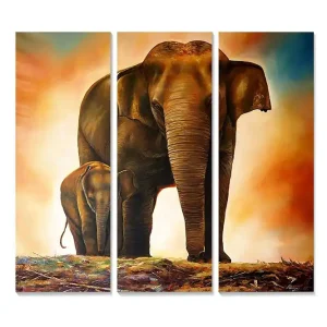 Canvastavla i trä 3-delar 50x70 cm - Storslagen elefant med kalv i en varm och dramatisk miljö Brun / Orange / Beige - Inredning Endast idag