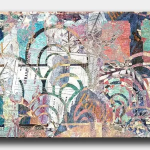Canvastavla 70x100 cm - Abstrakt komposition med växtmotiv och texturer som skapar en känsla av djup och rörelse Turkos / Röd / Grön - Inredning Billig
