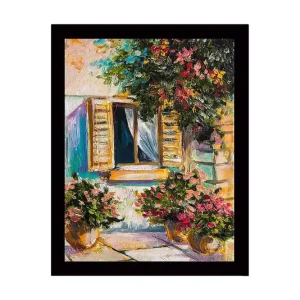 Nyhet Inramad Canvastavla i trä - 41x56 cm - Fönster med blomsterkrukor i en solig miljö Grön / Rosa / Gul - Inredning