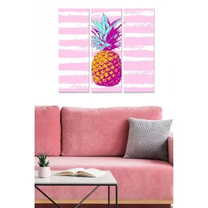 Rabatter Canvastavla i trä 3-delar 50x70 cm - Färgglad ananas med grafiska linjer i bakgrunden Rosa / Gul / Lila - Inredning
