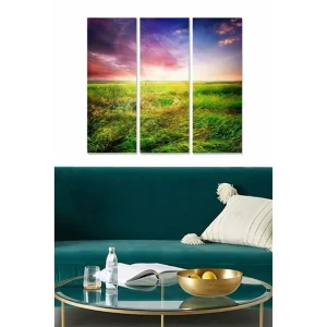 Canvastavla i trä 3-delar 50x70 cm - Vacker landskapsvy med grönskande ängar och dramatisk himmel Grön / Blå / Lila - Inredning Endast idag