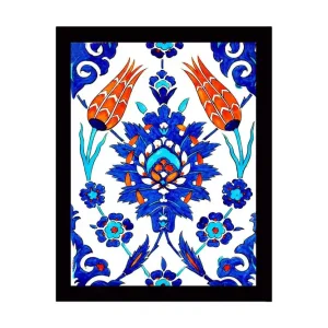 Begränsat antal Inramad Canvastavla i trä - 41x56 cm - Färgglad blomsterdesign med stiliserade blommor och bladverk Blå / Röd / Grön - Inredning