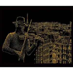Inramad Canvastavla i trä - 41x56 cm - Musiker som spelar fiol med en stadssilhuett i bakgrunden Guld / Svart - Inredning Bästa pris