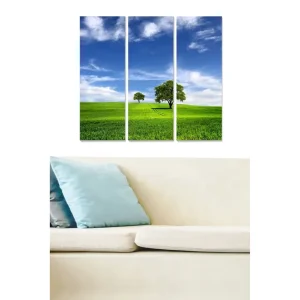 Snabb leverans Canvastavla i trä 3-delar 50x70 cm - Grönskande landskap med träd och blå himmel Grön / Blå - Inredning