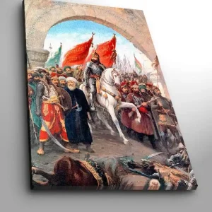 Canvastavla 70x100 cm - Triumferande ledare på en vit häst omgiven av en folkmassa med röda flaggor Röd / Vit / Brun - Inredning Erbjudande