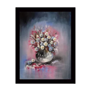 Inramad Canvastavla i trä - 41x56 cm - Färgrik bukett av blommor i en vas Blå / Vit / Rosa - Inredning risnedsättning