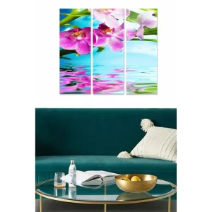Canvastavla i trä 3-delar 50x70 cm - Färgglada orkidéer med spegelbild i vattenytan Rosa / Grön / Blå - Inredning Bästa pris