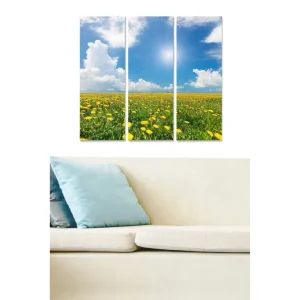 Nyhet Canvastavla i trä 3-delar 50x70 cm - Blomstrande fält med maskrosor under en klar blå himmel Gul / Grön / Blå - Inredning