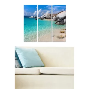 Billigare Canvastavla i trä 3-delar 50x70 cm - Vacker strand med klart turkost vatten och klippformationer Turkos / Blå / Beige - Inredning