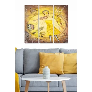 Canvastavla i trä 3-delar 50x70 cm - Kvinna i gul klänning som spelar fiol mot en bakgrund av klockor och byggnader Gul / Brun / Grå - Inredning Kampanjpris