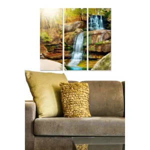 Köp online Canvastavla i trä 3-delar 50x70 cm - Vattenfall omgiven av höstfärgad natur Grön / Brun / Blå - Inredning