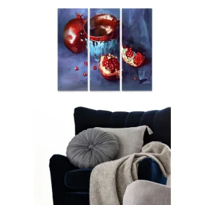 I lager Canvastavla i trä 3-delar 50x70 cm - Granatäpple och skål i en stillsam komposition Röd / Blå / Vit - Inredning