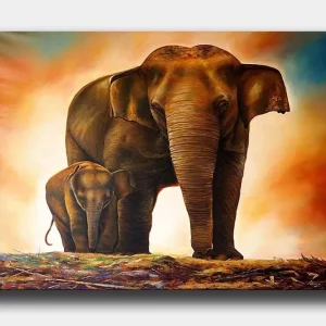 Kampanjpris Canvastavla 70x100 cm - Majestätisk elefant med sitt kalv i en varm och färgrik miljö Brun / Orange / Beige - Inredning