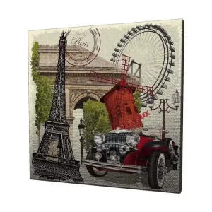 Snabb frakt Canvastavla 45x45 cm - Paris-inspirerad komposition med Eiffeltornet, en röd bil och en vindmölla Röd / Svart / Grön - Inredning