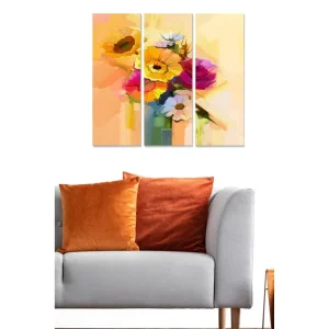 Canvastavla i trä 3-delar 50x70 cm - Färgrik bukett av blommor i en vas Gul / Rosa / Grön - Inredning Erbjudande