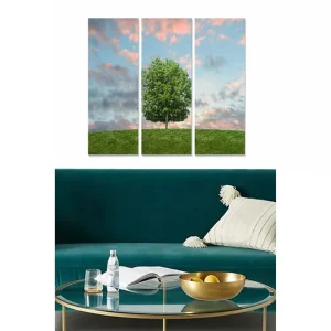 Canvastavla i trä 3-delar 50x70 cm - Grönskande träd på en kulle under en färgglad himmel Grön / Blå / Rosa - Inredning Reapris