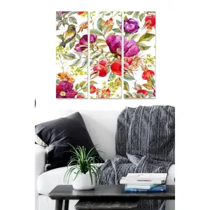 Canvastavla i trä 3-delar 50x70 cm - Färgrik bukett av blommor med fågelmotiv Lila / Röd / Grön - Inredning Köp online