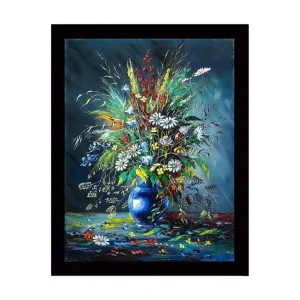 Inramad Canvastavla i trä - 41x56 cm - Färgrik bukett av blommor i en blå vas Blå / Grön / Vit - Inredning Handla nu
