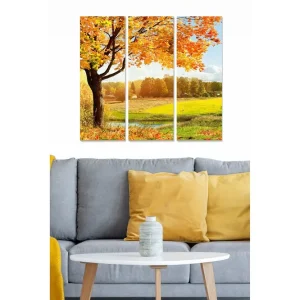 Canvastavla i trä 3-delar 50x70 cm - Vacker höstlandskap med ett stort träd och färgglada löv Orange / Grön / Gul - Inredning Outlet