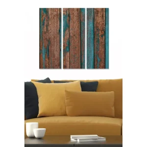Reapris Canvastavla i trä 3-delar 50x70 cm - Rustik träpanel med blå detaljer Rostbrun / Turkos - Inredning