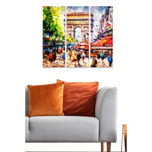 Rabatt Canvastavla i trä 3-delar 50x70 cm - Livlig stadsbild med människor och caféer vid en känd monument Grön / Röd / Blå - Inredning